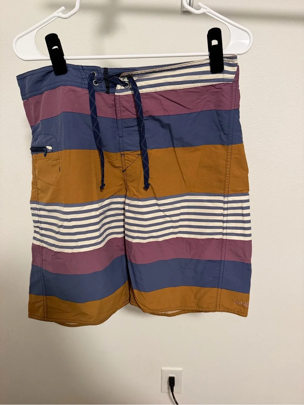 Patagonia Men’s Striped Board Shorts — Blue, Mauve, Mustard